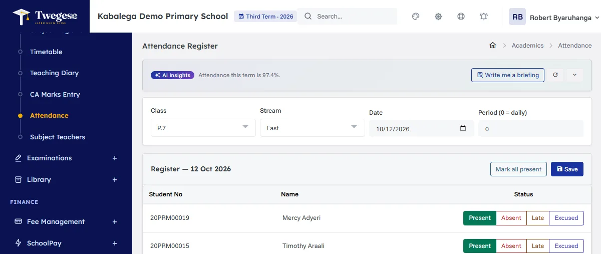 Attendance register for a P.7 stream with Present, Absent, Late and Excused buttons for each learner.