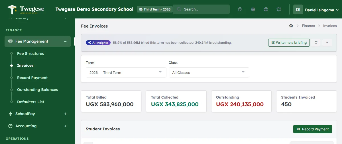 Fee invoices screen showing total billed, total collected, outstanding balance and a list of student invoices.