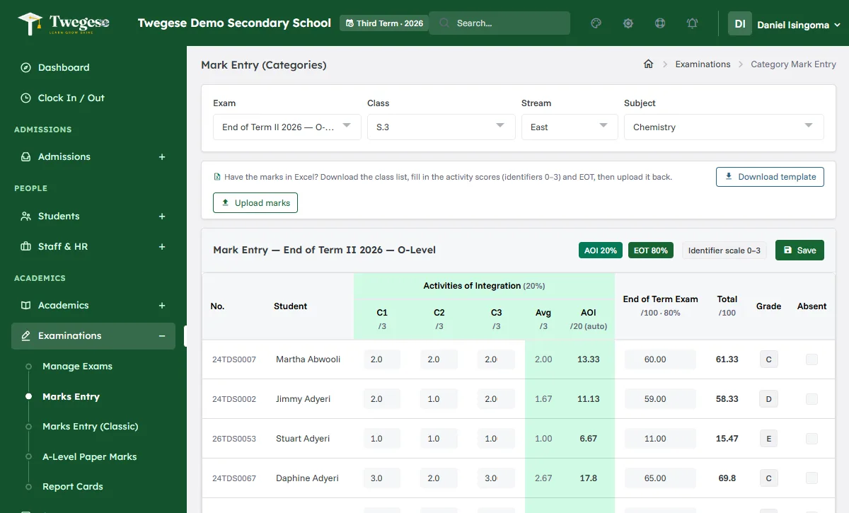 O-Level mark entry grid with activity scores, average, AOI out of 20, exam, total and grade for each learner.